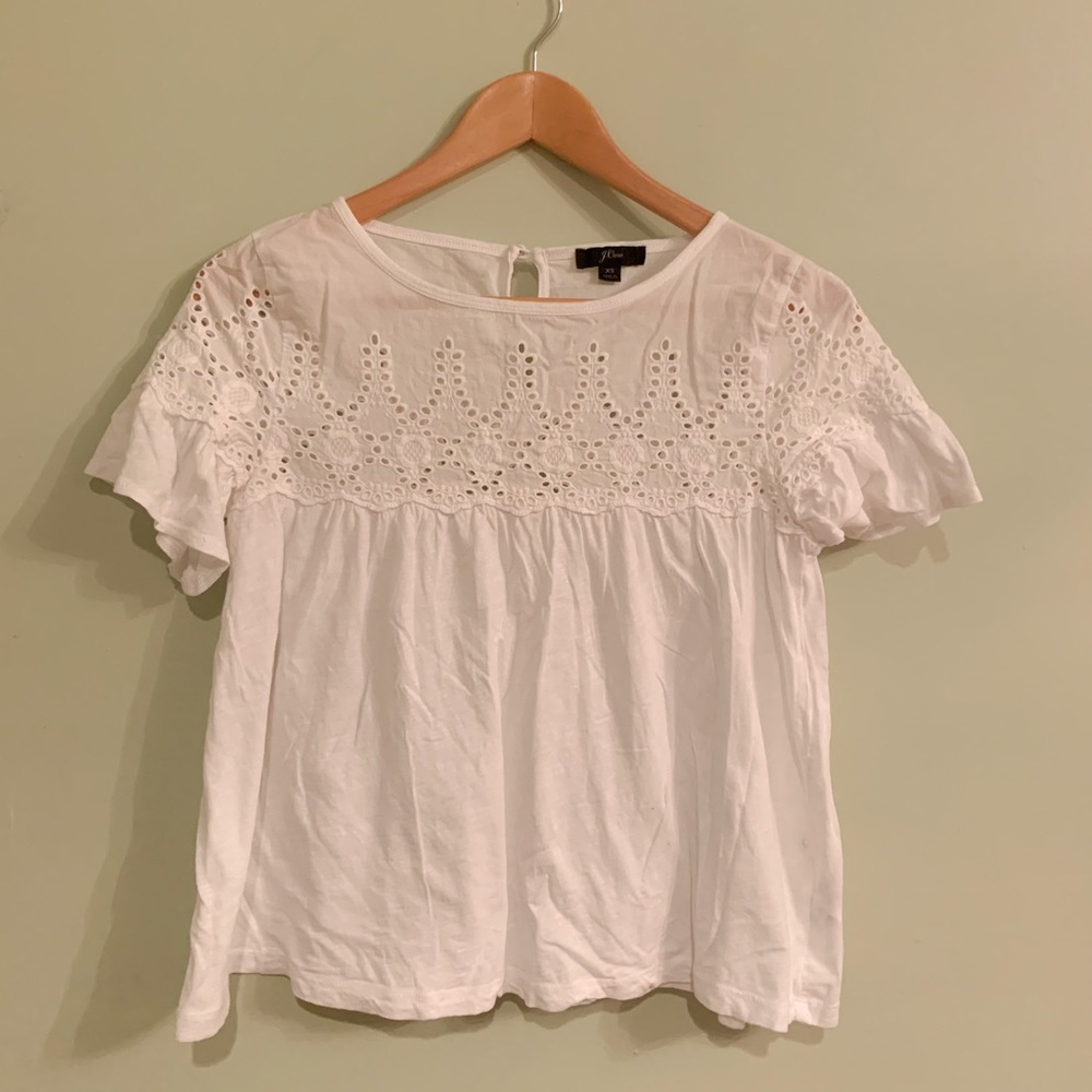 J Crew Flutter Sleeve Eyelet Babydoll Top in White